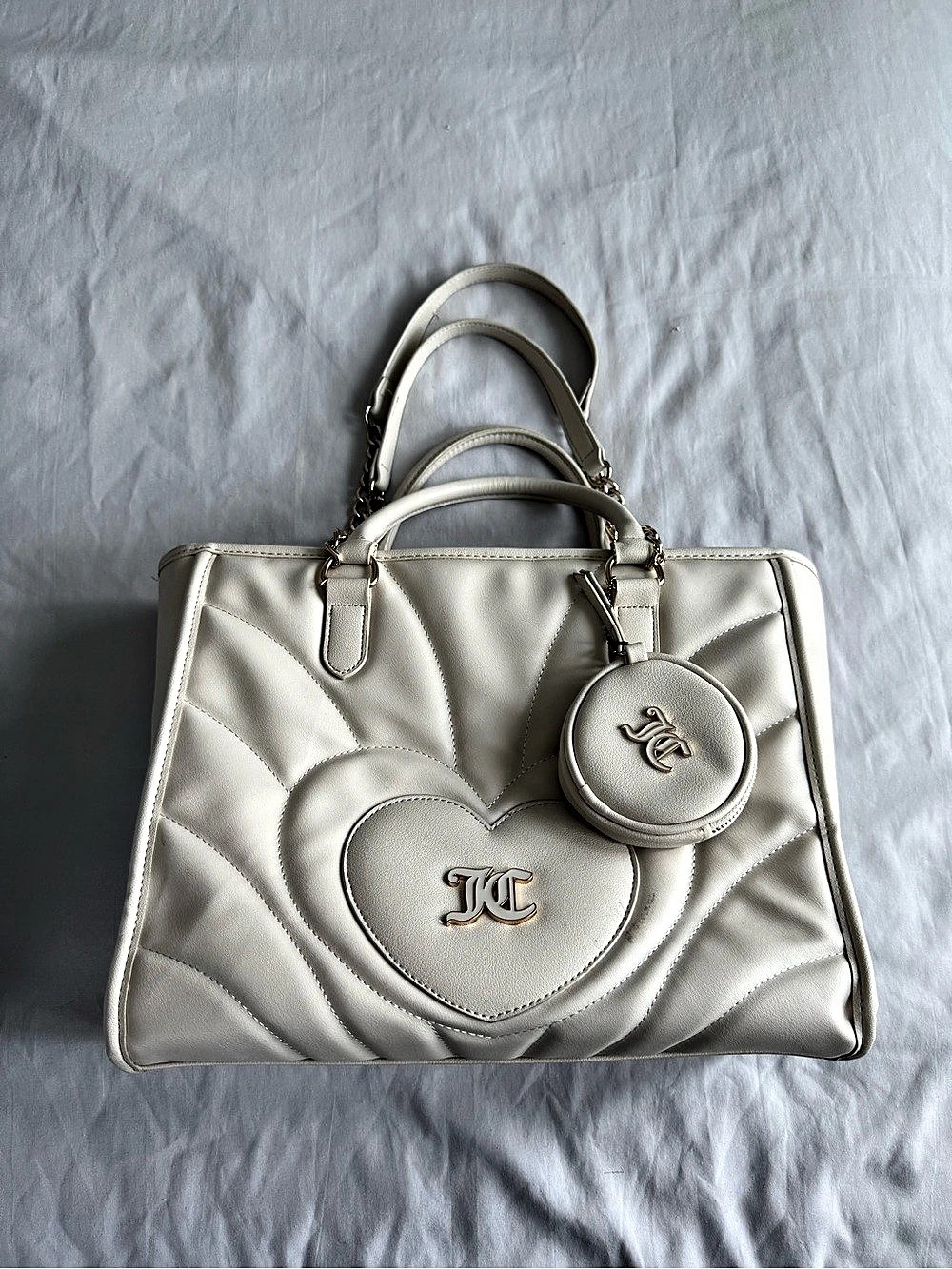 Juicy Couture Quilted Heart Tote Bag with Pouch in White